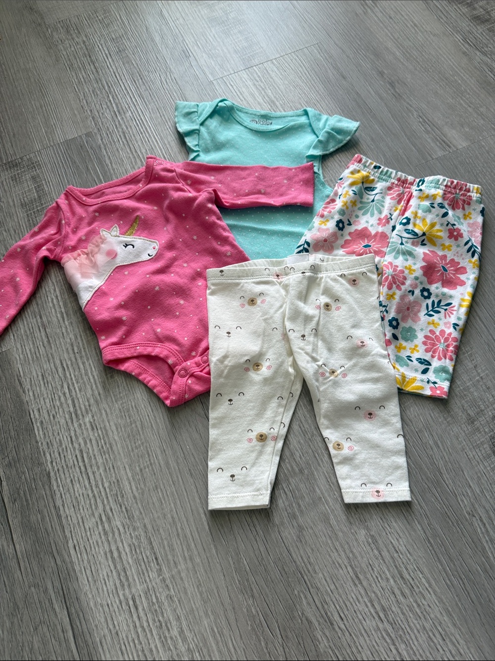 Baby Girls 4-Piece Floral & Unicorn Outfit Set - Pink, Teal, Cream